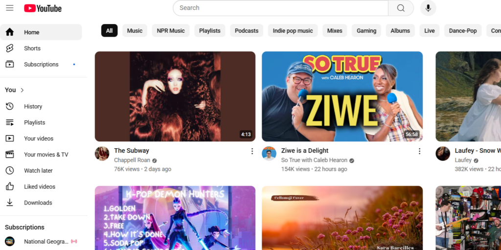 Screenshot of a YouTube Home feed.