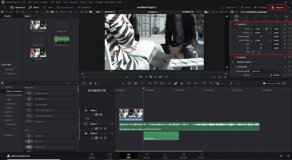 DaVinci Resolve's Inspector panel, highlighting where you can change the Zoom and Position of your crop.