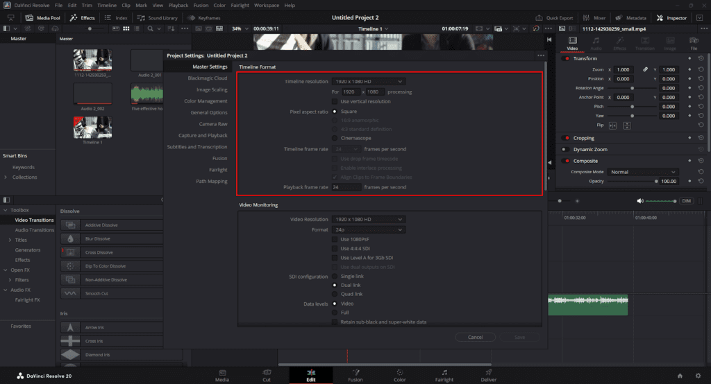 DaVinci Resolve's Project Settings window, showing where you can change the resolution of your project.