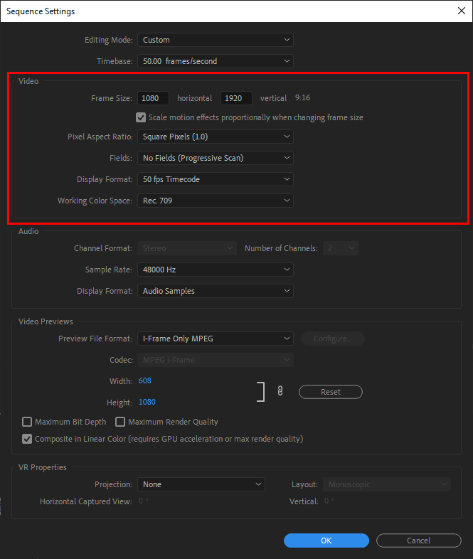 Premiere Pro's Sequence Settings window, highlighting where to change the resolution.