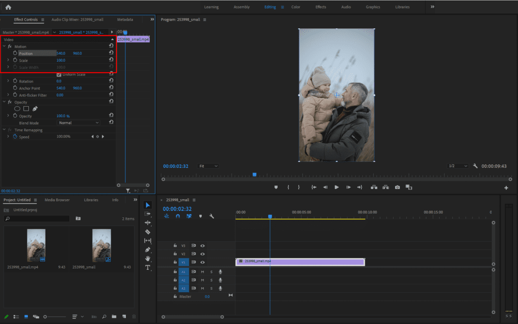 Premiere Pro's Editing panel, showing where in the Effect Controls window to change the position and scale of your crop.