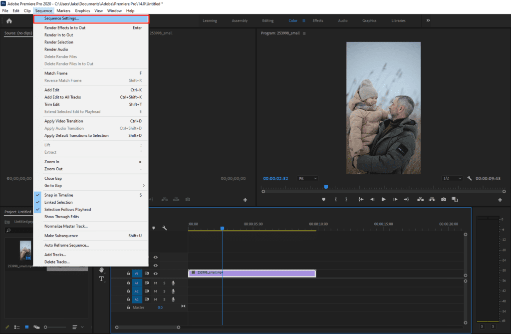 Premiere Pro's interface, showing how to select Sequence Settings and change the resolution.