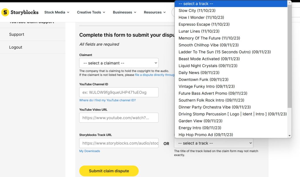 Screenshot of the recent downloads option in the submit a claim form.
