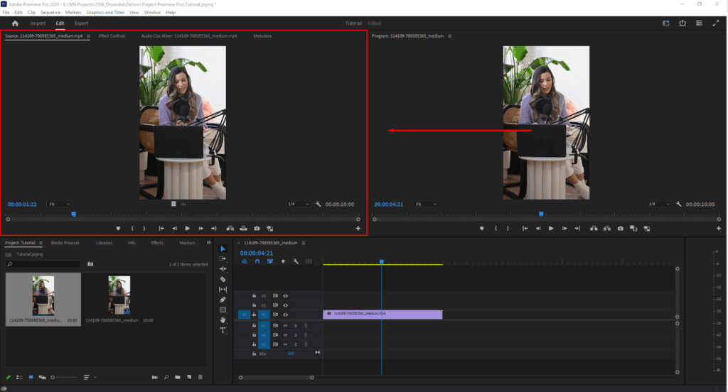 A screenshot highlighting Premiere Pro's Source Monitor panel in the Editing workspace.