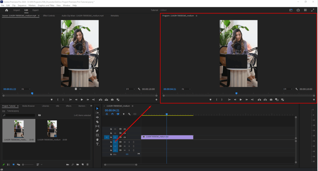 A screenshot highlighting Premiere Pro's Source Monitor panel in the Editing workspace.