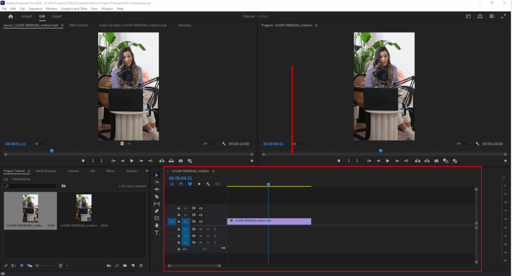 A screenshot highlighting Premiere Pro's Timeline panel in the Editing workspace.