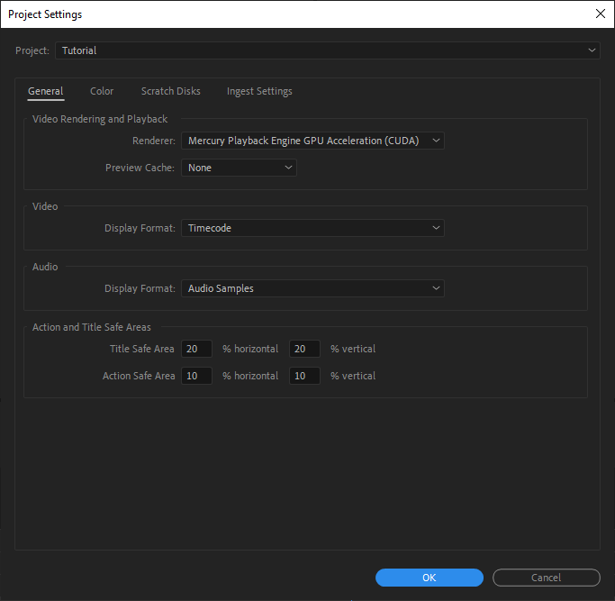 Premiere Pro's Project Settings window, showing the range of settings you can change before creating a new project.