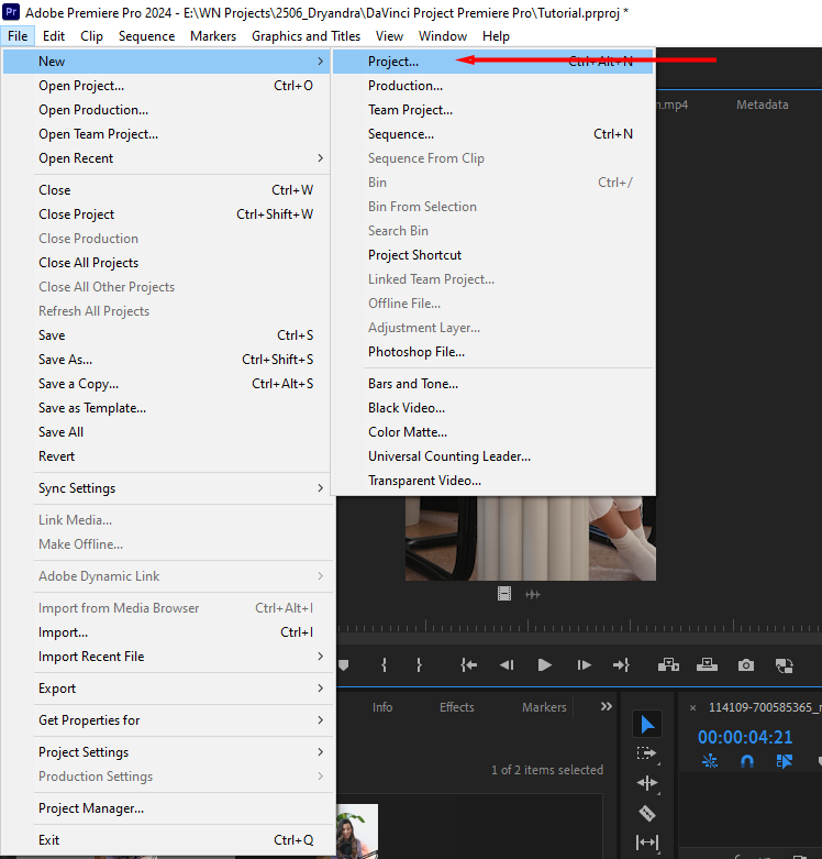 A screenshot of Premiere Pro's File menu, highlighting where to select New > Project...