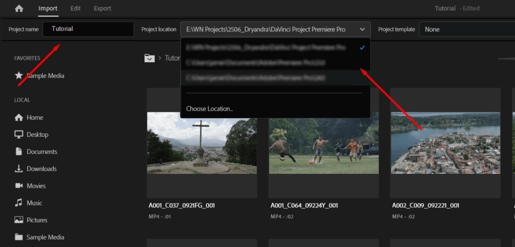 A screenshot of Premiere Pro's Import workspace, showing where to name your project and set its location.