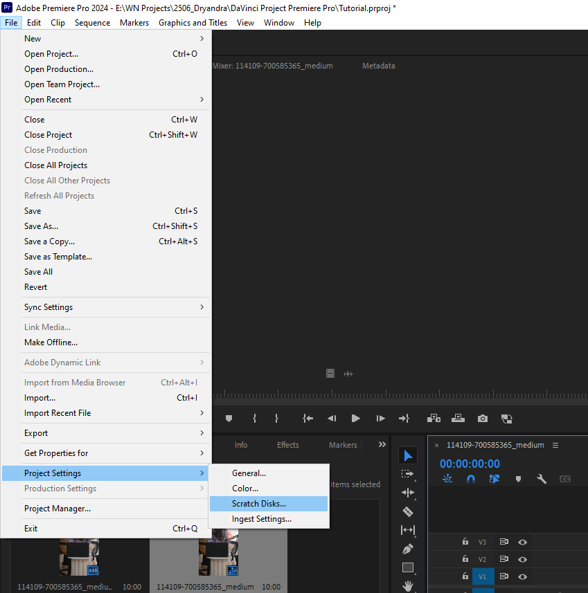 Premiere Pro's File menu, highlighting where to find Project Settings > Scratch Disks..