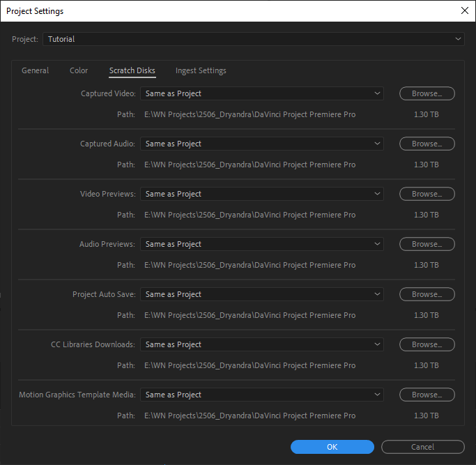 A screenshot of Premiere Pro's Project Settings window, showing what it looks like to set each option to "Same as Project".