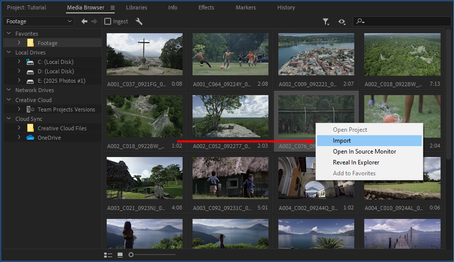 Premiere Pro's Media Browser window, highlighting the context menu when you right click a video and press "Import".