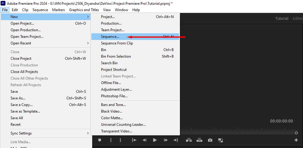 Premiere Pro's File menu, highlighting where to find the "Sequence..." option.