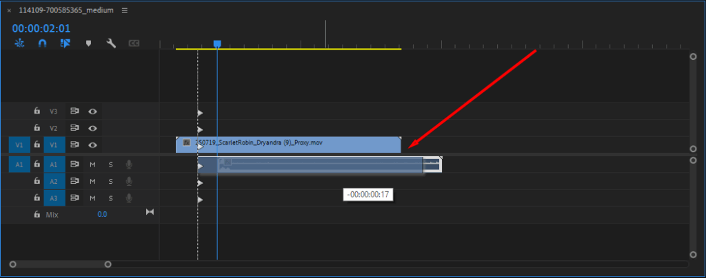 A screenshot of Premiere Pro's Timeline, showing what it looks like to manually sync your audio and video.