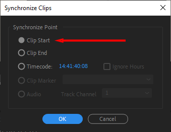 Premiere Pro's "Synchronize Clips" dialog box, showing where to select the "Clip Start" option.