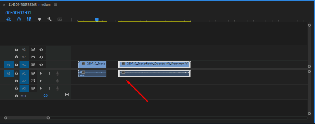 Premiere Pro's Timeline, showing what it looks like to move two split clips apart.