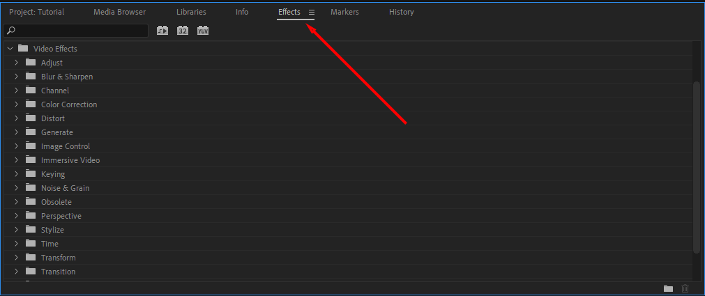 A screenshot showing where to find Premiere Pro's Effects panel.