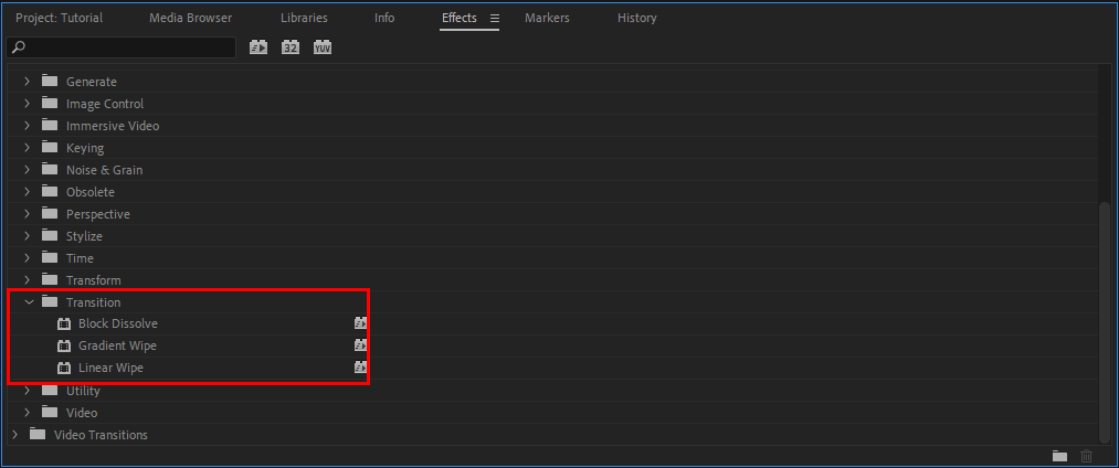 Premiere Pro's Effects panel, highlighting the Transition effects.