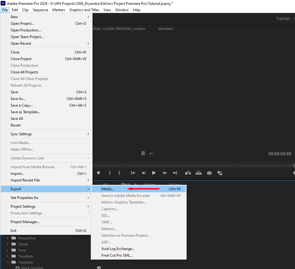 Premiere Pro's File context menu, highlighting the location of the Media... button.