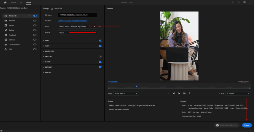 Premiere Pro's Export dialog, showing where to choose the Preset and Format, and press Export.