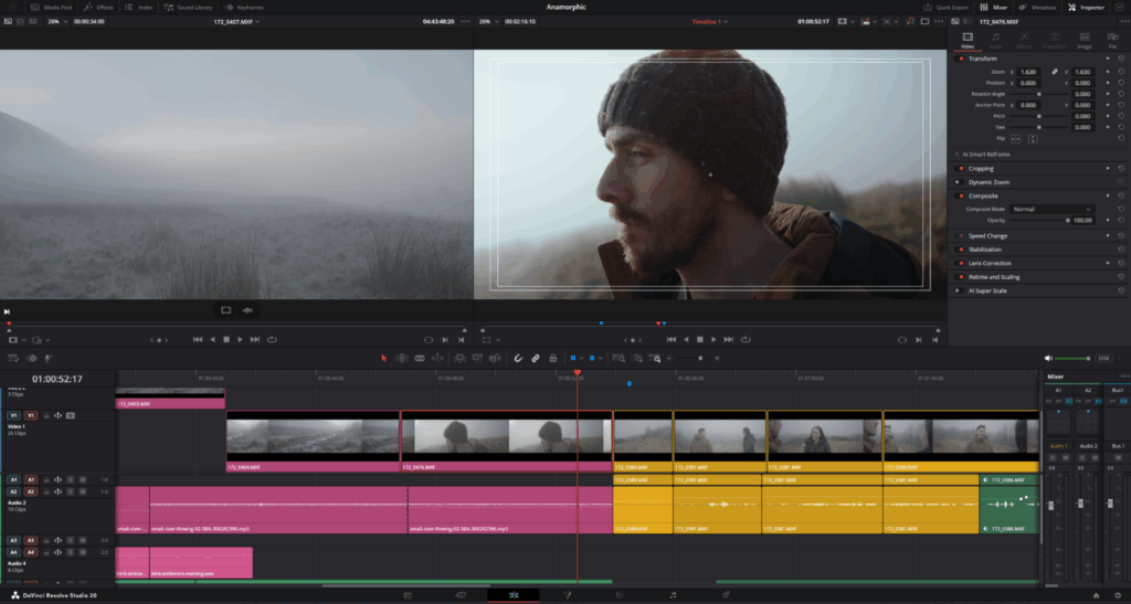 An example of a standard cut in between two scenes on a video editing timeline.
