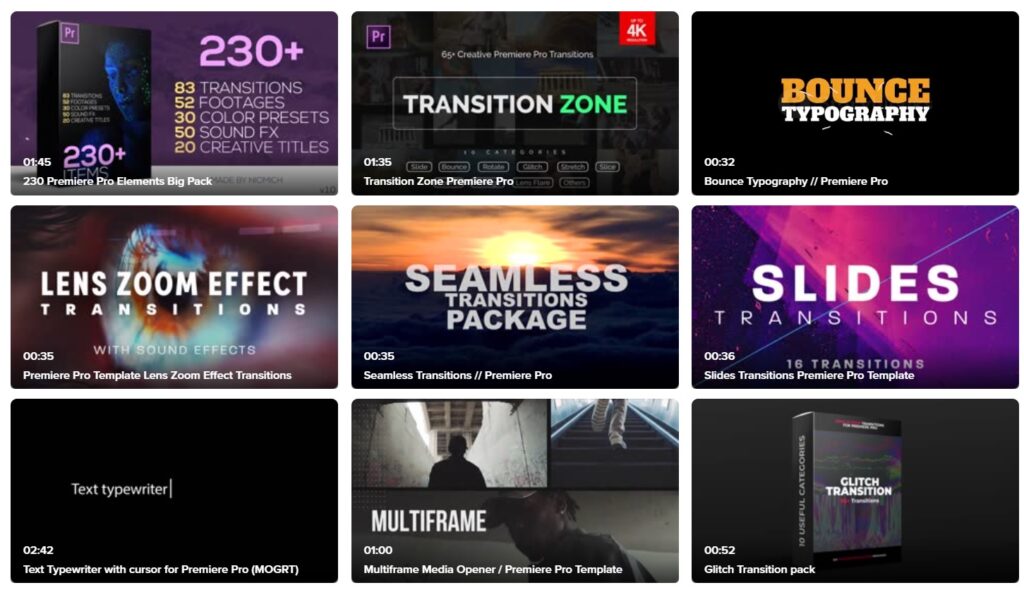 Screenshot of a grid of templates for premiere