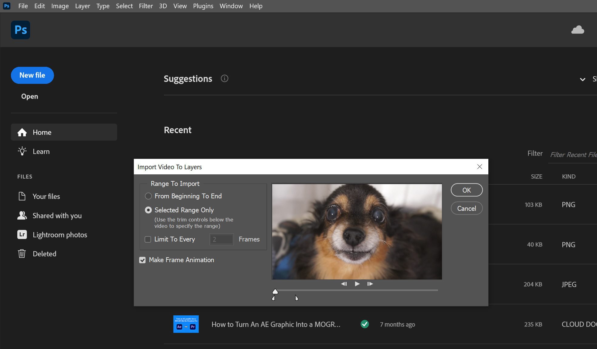 Step 2 of how to make a GIF in Photoshop. Select the portion of your video that you want to turn into a GIF.
