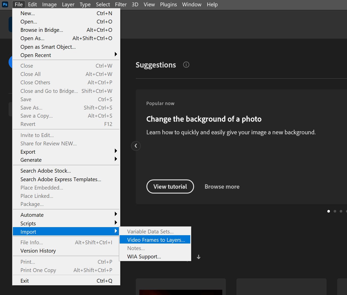 Step 1 of how to make GIFs in Photoshop. Go to File in the top navigation, then select Import > Video Frames to Layers.