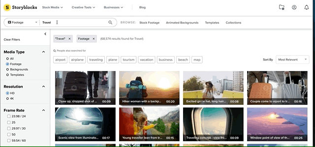 Animated GIF that demonstrates how the Recommended Music functionality works on the Storyblocks website