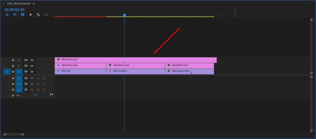 Adjustment layers in Premiere Pro's Timeline.
