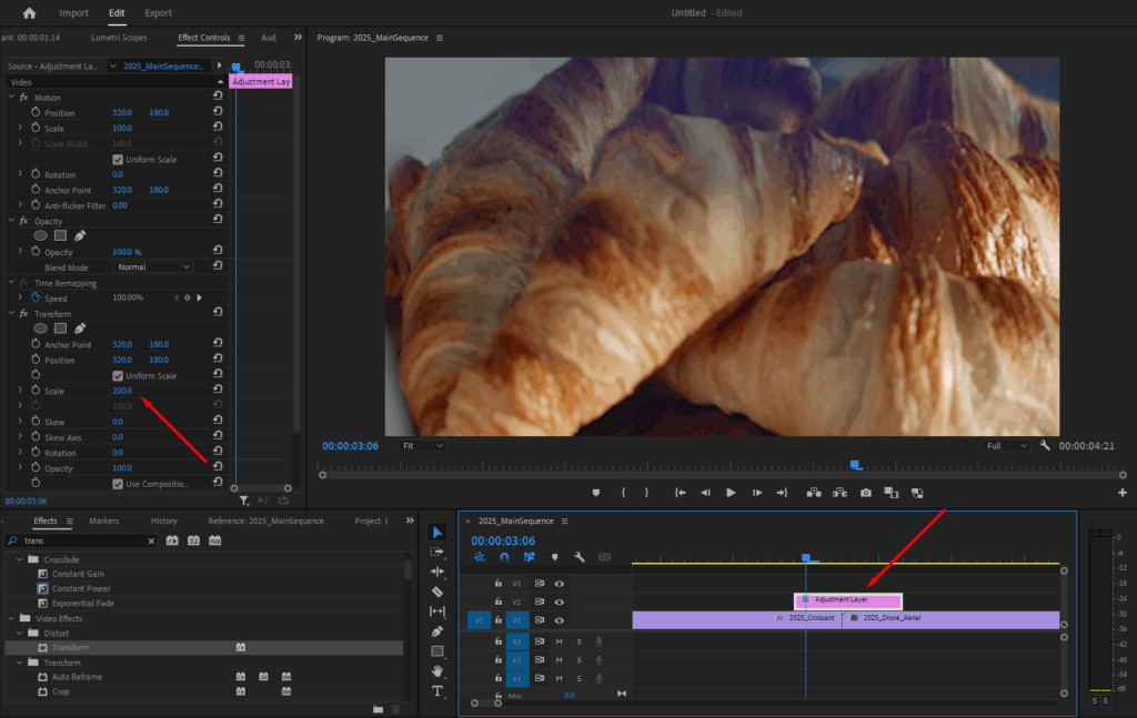 A screenshot of Premiere Pro's Timeline, showing an adjustment layer transition using the transform and scale effect.