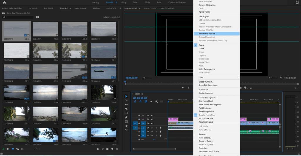 The timeline context menu highlighting where to select the Render and Replace option.