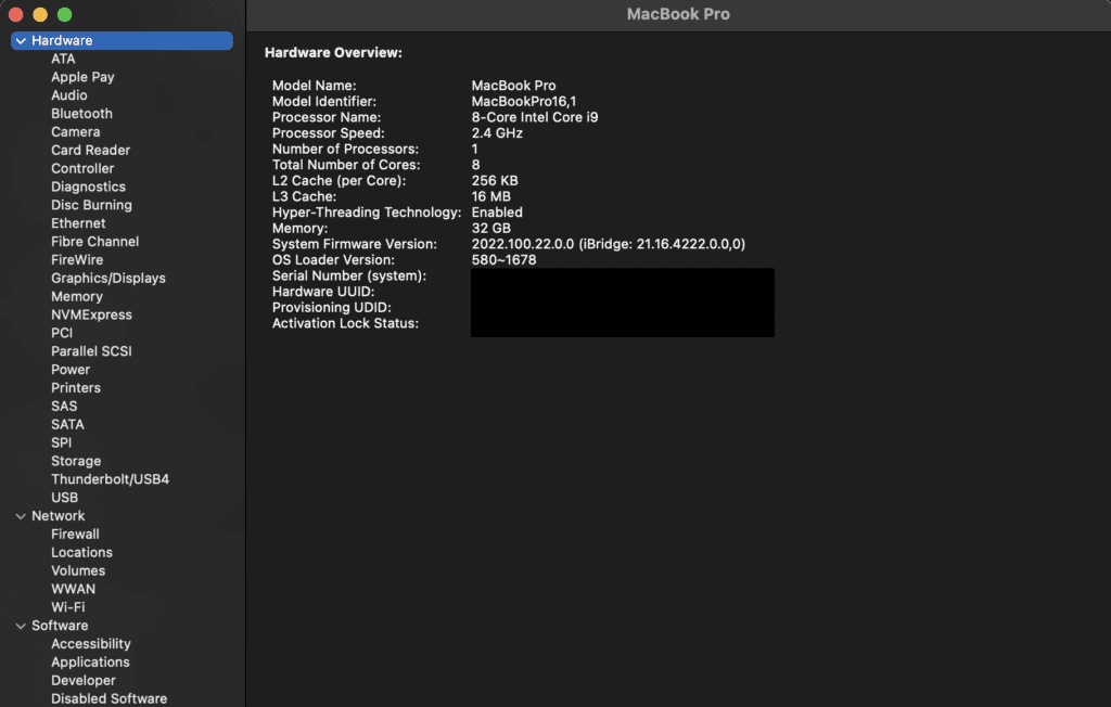 The device specifications page for a MacBook Pro.