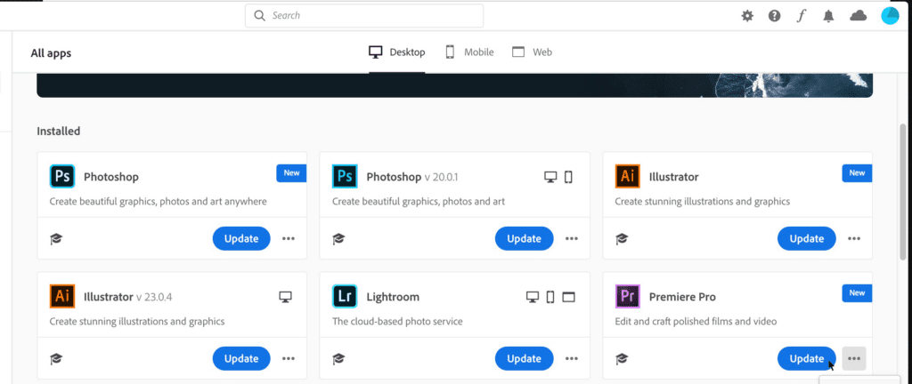 The Creative Cloud app page showing where the Update button for Premiere Pro is located.