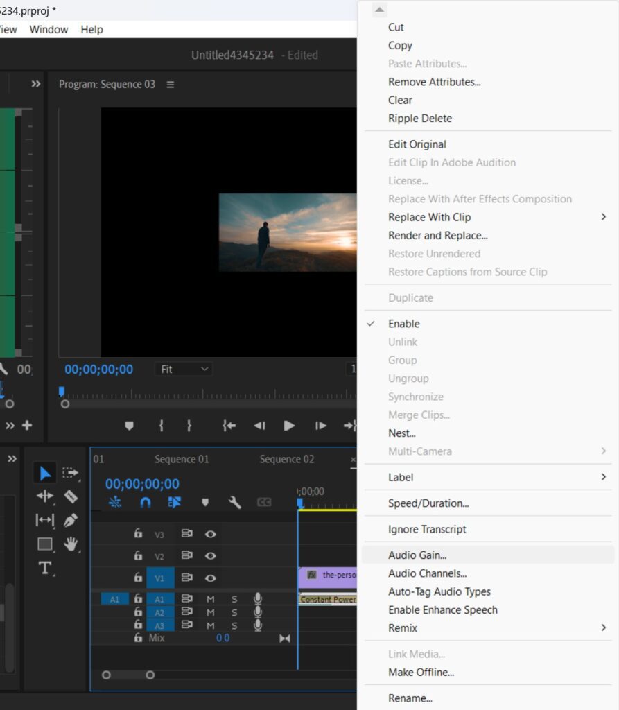 Screenshot of the available options when you right-click on any audio file on the Premiere Pro timeline with Audio Gain highlighted.