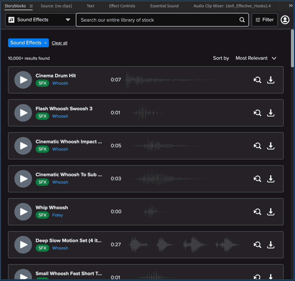 A screenshot of the Storyblocks plugin in Premiere with sound effects selected.