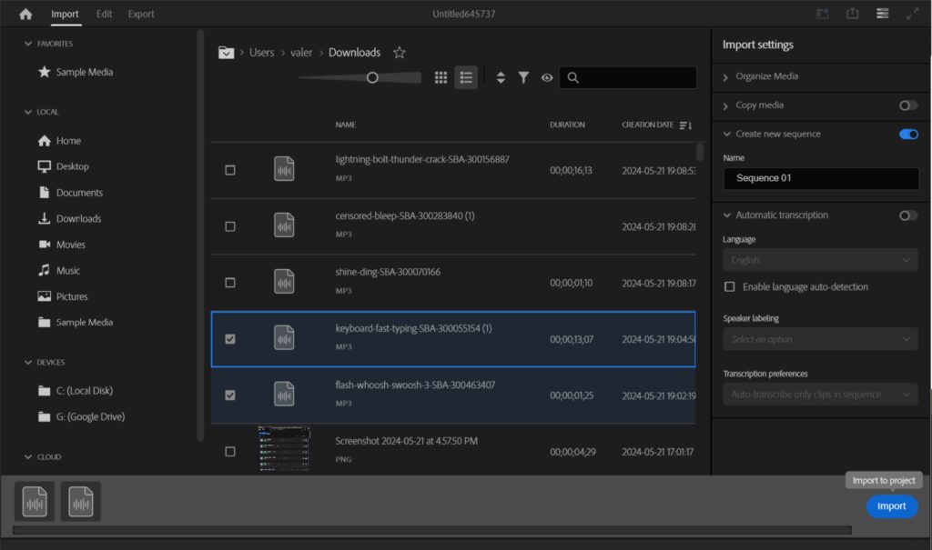 A screenshot of the Import page in Premiere with sound effect files selected.