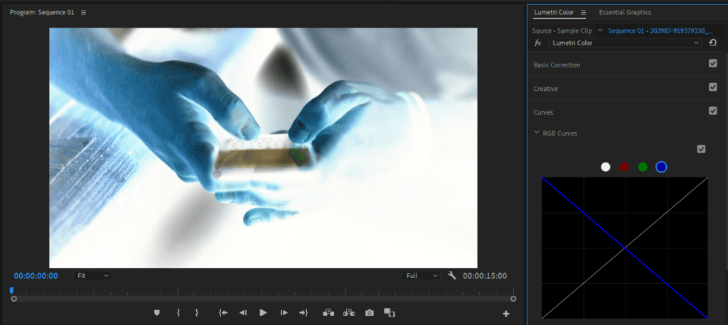 A screenshot of the Lumetri Color panel showing how inverted RGB curves invert the colors in the footage.