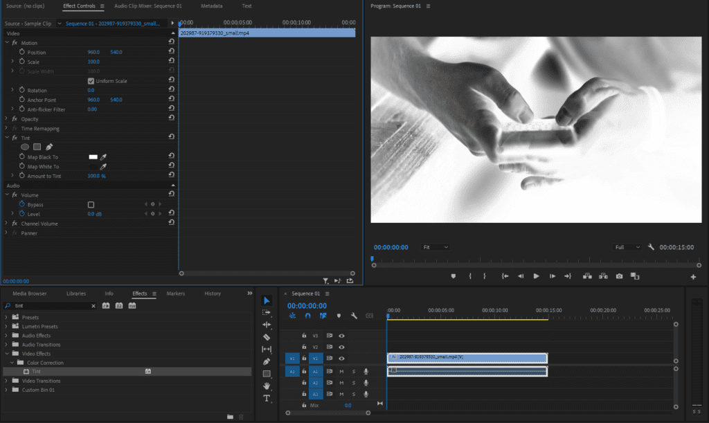An illustration of the Tint effect in Premiere Pro, where black and white are inverted.
