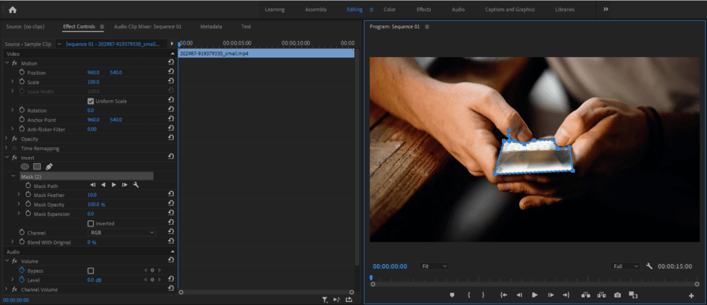 A screenshot of Premiere Pro showing how masking the Invert effect lets you selectively invert colors in a small part of your frame.