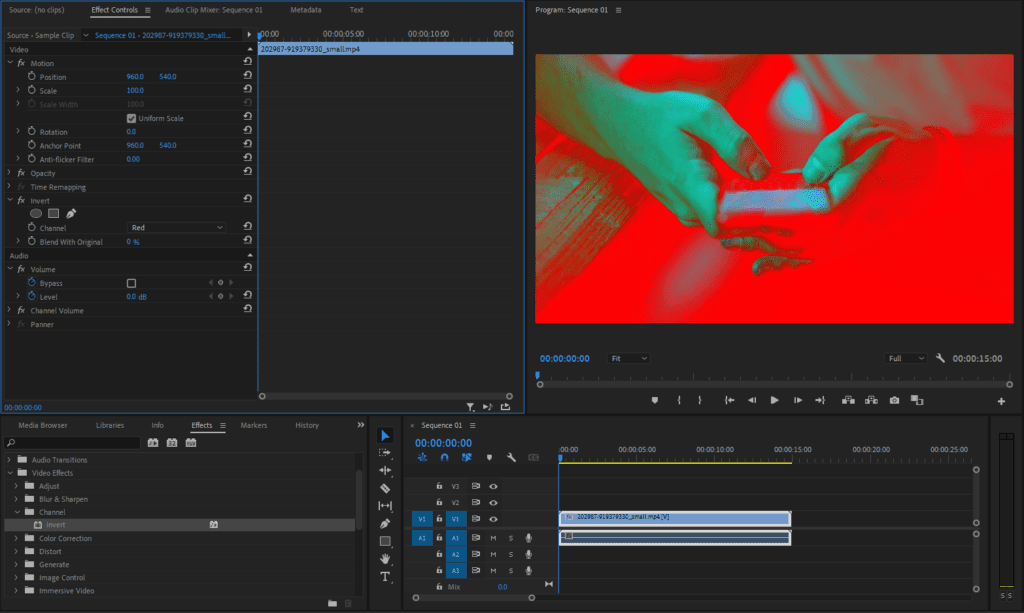 A screenshot of Premiere Pro illustrating how the Invert effect can be used to invert individual color channels.