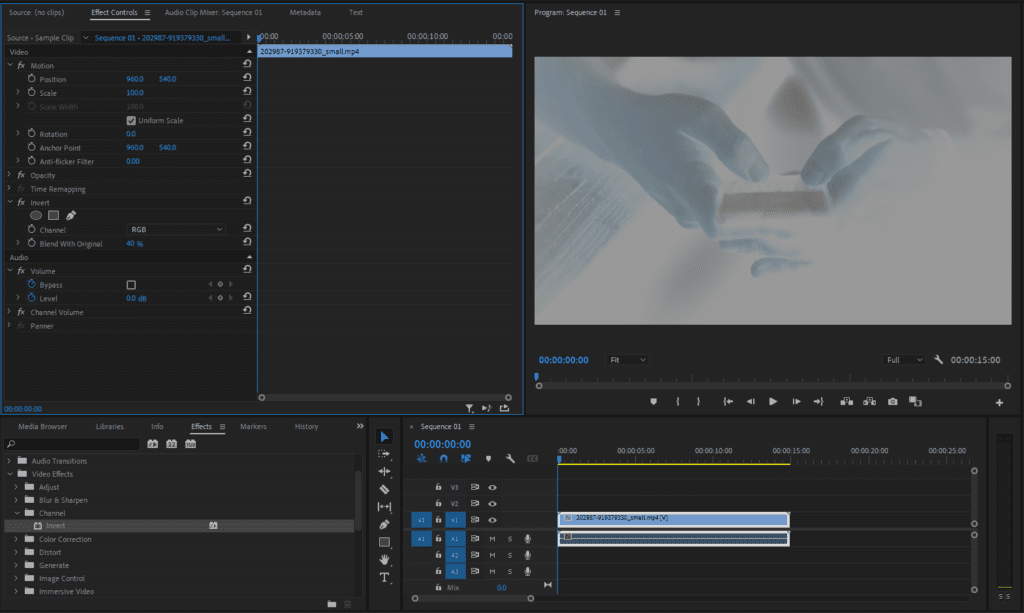 A screenshot of Premiere Pro showing a clip inverted with the Blend With Original setting set to 40%.
