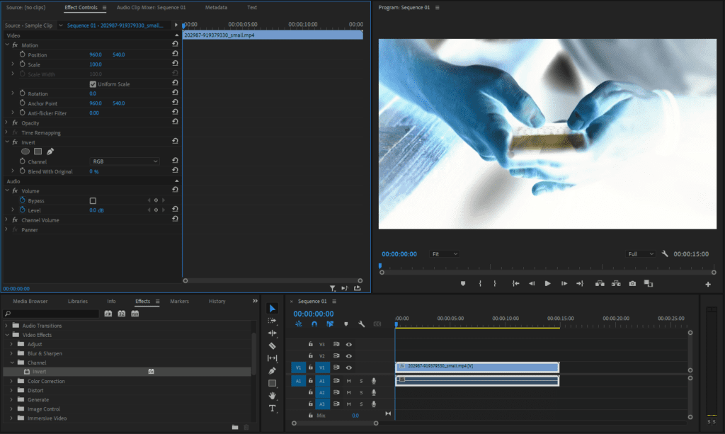 A screenshot of Premiere Pro showing a clip inverted with the Blend With Original setting set to 0%.