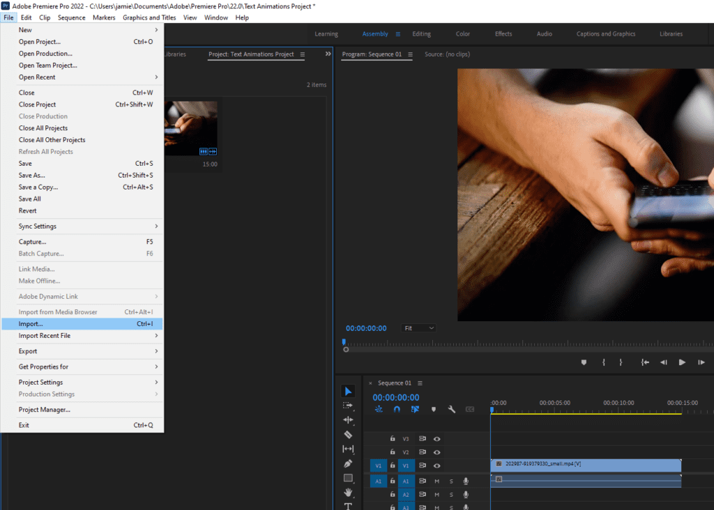 A Premiere Pro screenshot showing where to find the Import option in the File menu.