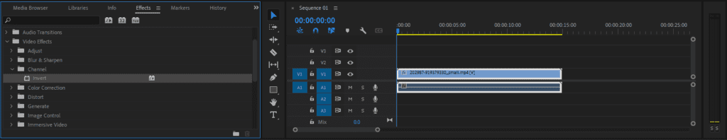 A screenshot of the Premiere Pro Effects panel showing where to find the Invert effect.