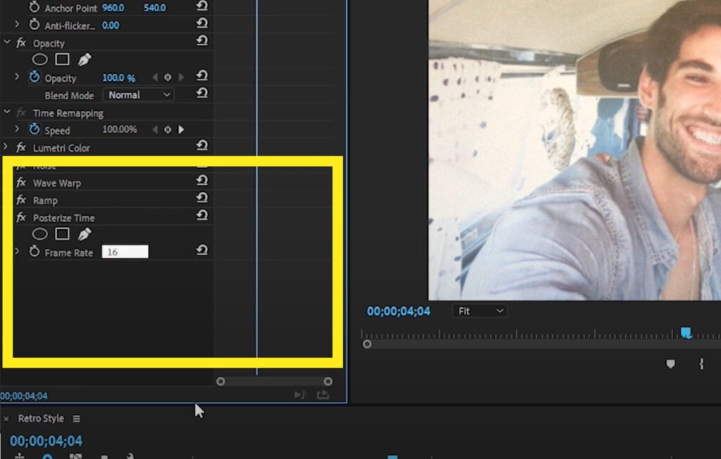 Screenshot of the Posterize Time settings inside the Effects panel.