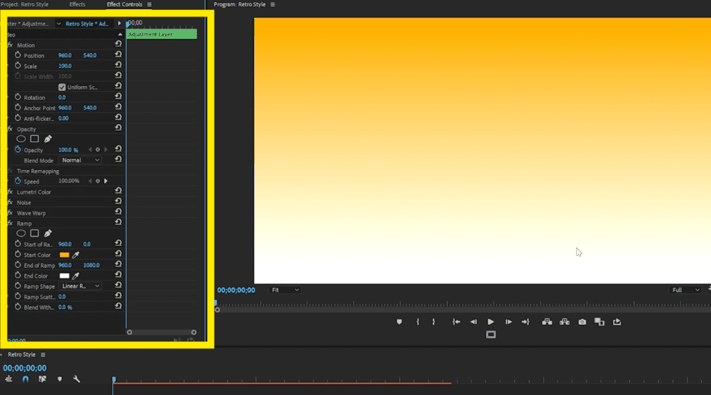 Screenshot of the Ramp effect inside of the Effects panel.
