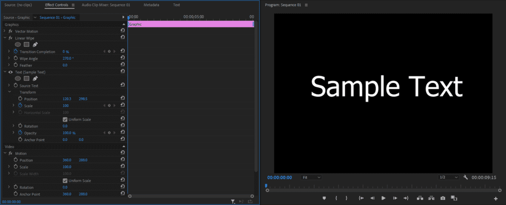 A screenshot of Premiere Pro showing how to change the Wipe Angle setting for the Linear Wipe effect.