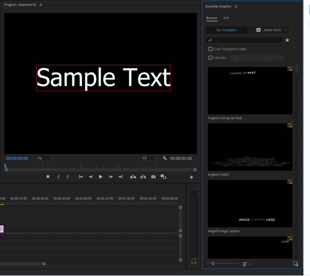 A screenshot showing where to browse Premiere Pro's Essential Graphics for pre-made templates.