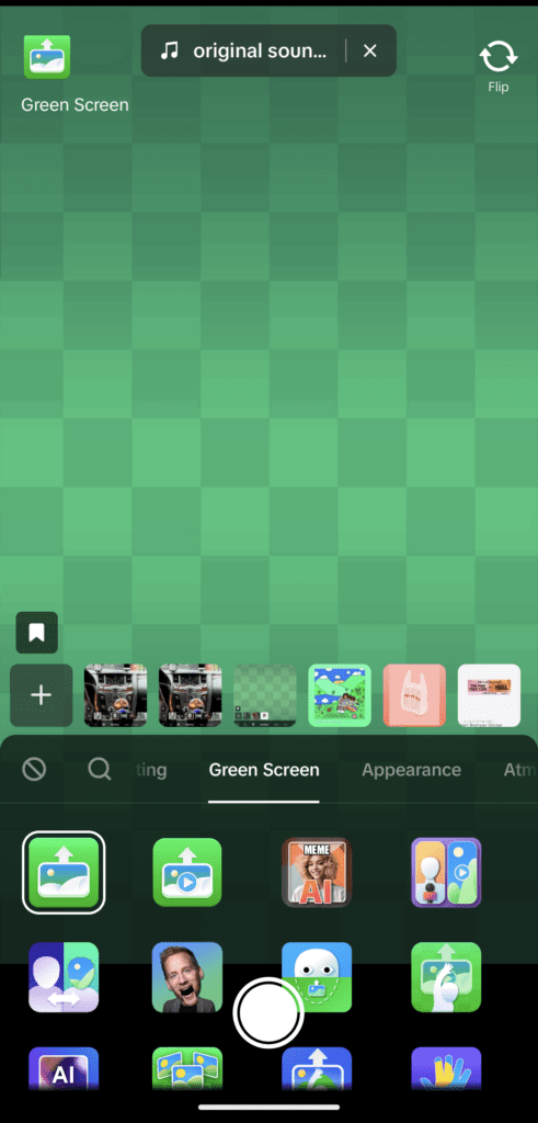 Green screen effect options inside of TikTok's effects menu.
